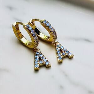 18k Plated Cubic Zirconia Small Hoop Hugger Ear Buckle Earring Letter A NIB